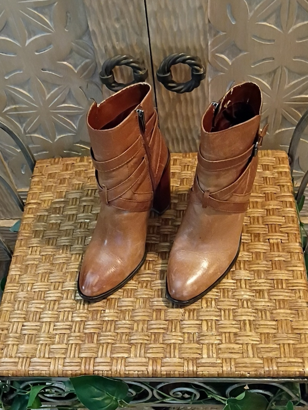 Vince Camuto Cognac Brown Leather Strapped Ankle Booties